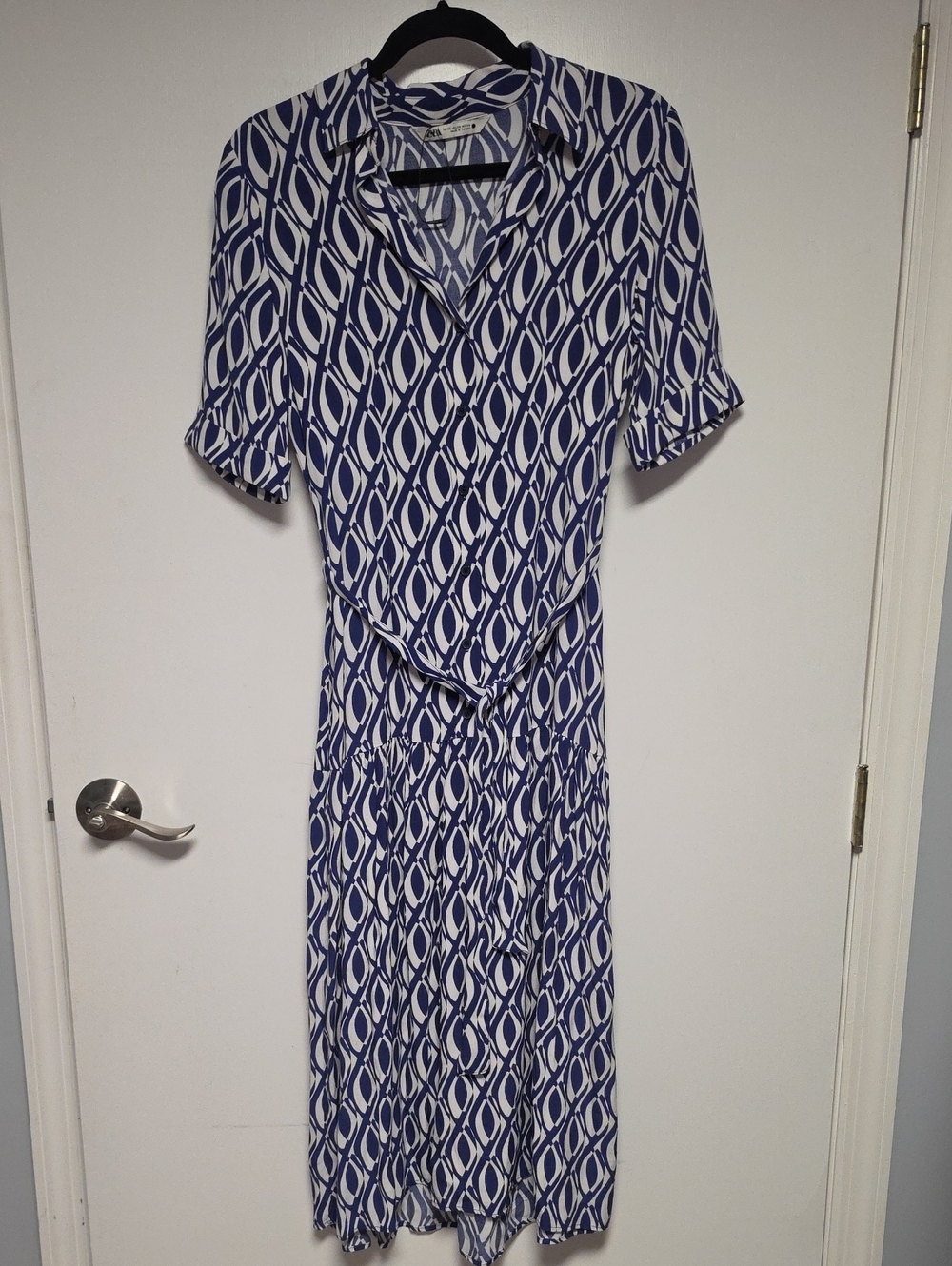 ZARA Blue & White Geometric Midi Belted Buttoned ZW Collection Dress Size XS